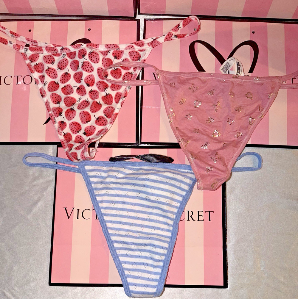 Victorias Secret Thong V-String Cotton XXL 3 Pair Rare Prints